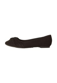 Zwarte platte schoen van zacht materiaal met een geknoopt ontwerp op de teen. Slanke zool met een afgeronde vorm en een gladde textuur.