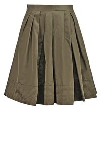 Oliivinvihreä laskostettu hame, jossa on sileä pinta ja teksturoitu helmaviimeistely. Siinä on istuva vyötärönauha ja liehuva malli.