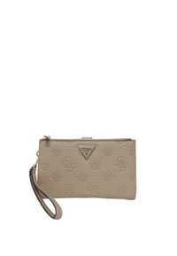 Portafoglio in pelle sintetica beige con motivi in rilievo del logo. Dotato di hardware color oro e di una tracolla rimovibile. Chiusura con zip.