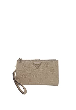 Portafoglio in pelle sintetica beige con motivi in rilievo del logo. Dotato di hardware color oro e di una tracolla rimovibile. Chiusura con zip.