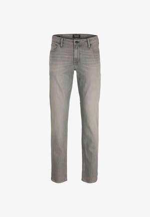 Jean en denim gris clair avec une coupe droite, doté d'un design classique à cinq poches et d'un léger délavage. Fermeture à bouton à la taille.