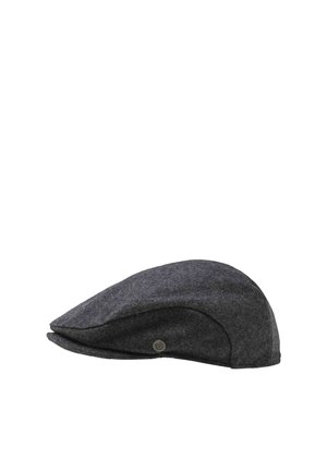 Dark gray flat cap with a small button detail on the side, made from soft fabric, shown on a white background.