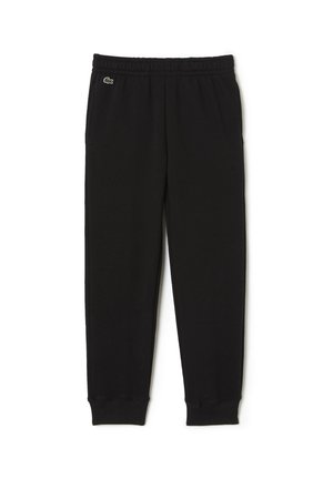 Czarne, dopasowane spodnie dresowe z elastycznym paskiem i mankietami, z małym zielonym logo krokodyla na lewym biodrze.