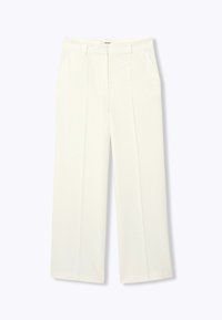 Pantalons larges blancs en tissu doux, avec une taille plate, deux poches avant et des plis nets pour une silhouette ajustée.