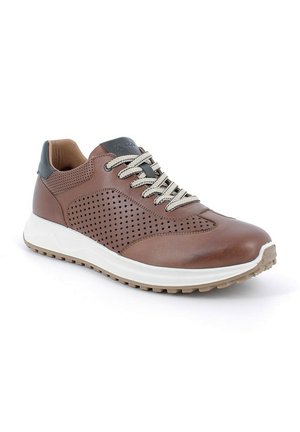 Sneaker in pelle marrone con design perforato, lacci grigi e suola in gomma bianca. Punta arrotondata e linguetta imbotita. Accenti texturizzati.