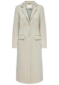 Abrigo largo beige con solapa con muesca, cierre de un solo botón, bolsillos laterales y mangas largas. Confeccionado en una tela lisa y texturizada.
