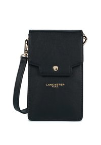 Piccola borsa a tracolla nera in pelle con chiusura a scatto dorata, tracolla regolabile e logo "Lancaster Paris" in lettere dorate.