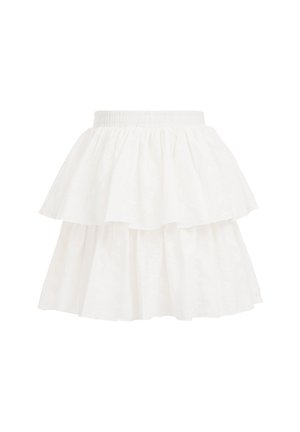 Mini-jupe blanche à volants avec ceinture élastique et texture florale subtile sur le tissu.
