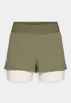 Shorts de sport vert olive avec une ceinture côtelée, dotés d'une couche intérieure de couleur beige clair et d'un ourlet froncé.