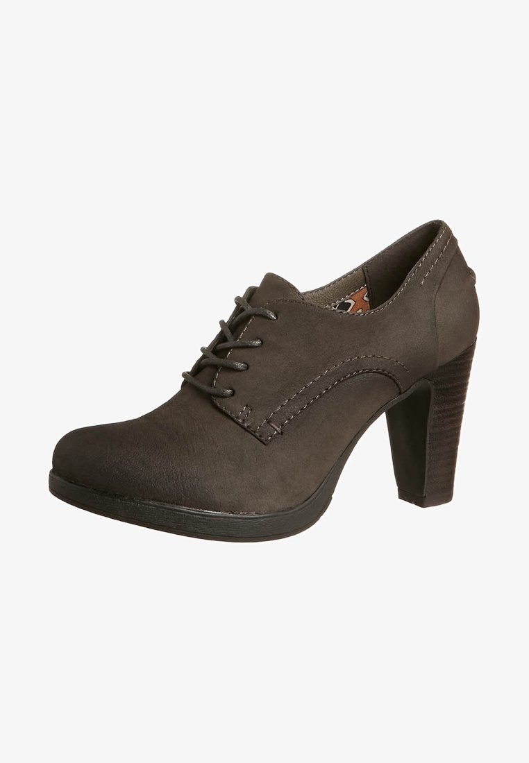 Chaussures à talons hauts gris foncé avec un bout arrondi, un design à lacets et des coutures discrètes. Talon texturé et partie supérieure en matériau lisse.