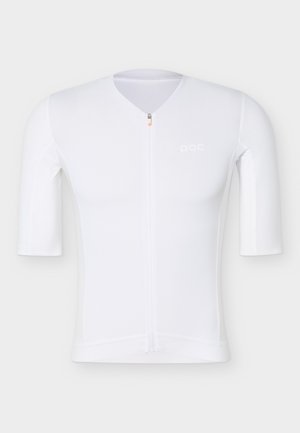 Hvid cykeltrøje med korte ærmer, forlynlås og subtilt "POC"-logo på brystet, vist på en ensfarvet baggrund.