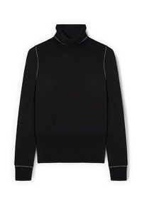 Pulover negru cu guler înalt, având textură canalată, mâneci lungi și accente metalice pe umeri și mansete. Design simplu, ajustat.