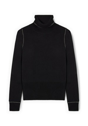 Zwarte coltrui met ribbelstructuur, lange mouwen en metallic accenten langs de schouders en manchetten. Eenvoudig, getailleerd ontwerp.