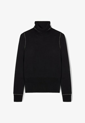 Zwarte coltrui met ribbelstructuur, lange mouwen en metallic accenten langs de schouders en manchetten. Eenvoudig, getailleerd ontwerp.