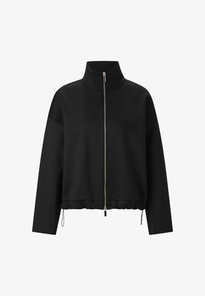 Sweat-shirt court noir avec col haut, fermeture éclair intégrale à l'avant et cordon de serrage réglable à l'ourlet. Tissu lisse, légèrement texturé.