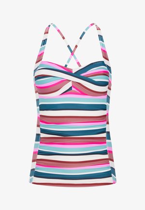 Monivärinen raidallinen tankini-toppi, jossa on ohuet ristikkäiset hihnat. Sisältää vaaleanpunaisia, sinisiä, ruskeita ja valkoisia vaakasuoria raitoja. Sujuva tekstuuri.