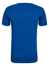 Blue cotton t-shirt with short sleeves, crew neck design, smooth texture, and a fitted silhouette. No visible logos or patterns.