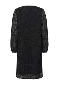 Rochie neagră semi-transparentă cu mâneci lungi, decorată cu modele florale brodate și detalii cu mărgele, de lungime până la genunchi, cu manșete plisate.