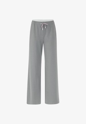 Graue, weit geschnittene Hosen mit Kordelzugbund und weißen vertikalen Streifen. Hergestellt aus weichem Stoff, mit entspannter Passform und glatter Textur.