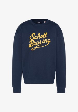 Marineblaues Sweatshirt aus Baumwolle mit langen Ärmeln und gerippten Bündchen, mit gelbem "Schott Bros inc"-Grafikdruck auf der Vorderseite.