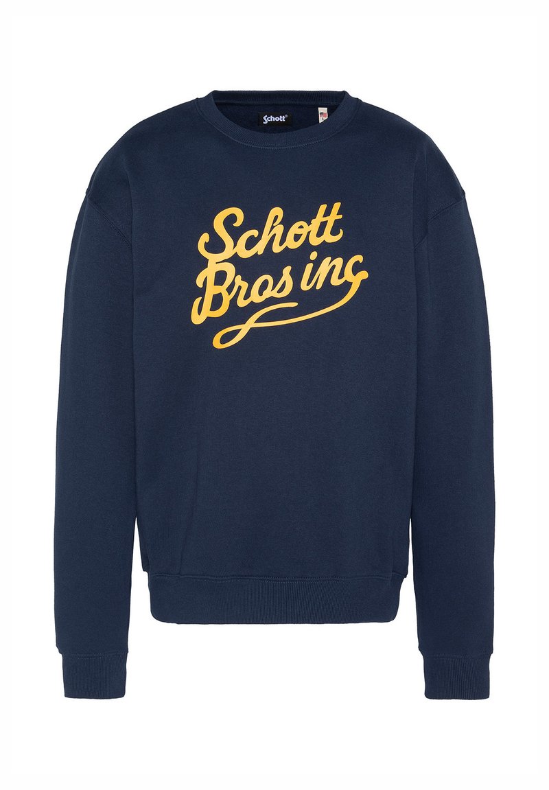Sudadera azul marino de algodón con mangas largas y puños acanalados, con un gráfico amarillo "Schott Bros inc" en el frente.