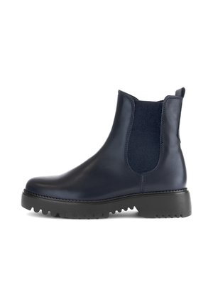 Dark blue leather ankle boot with black elastic side panel, thick black rubber sole, and pull tab at the back.