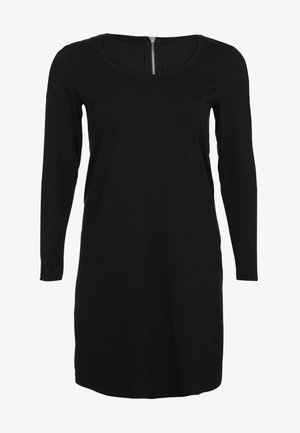 Schwarzes langärmeliges Kleid mit rundem Ausschnitt und sichtbarem silbernem Reißverschluss am Rücken, gerader Schnitt, knielang.