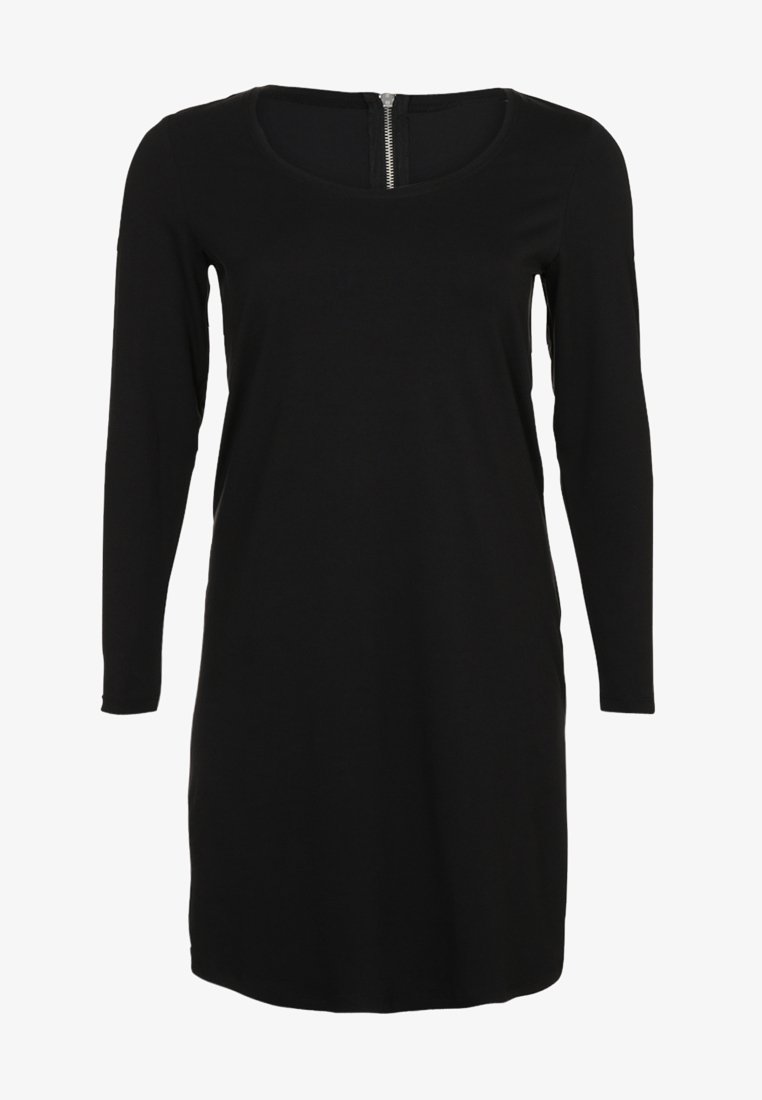 Robe noire à manches longues avec encolure ronde et fermeture éclair argentée visible au dos, coupe droite, longueur au genou.