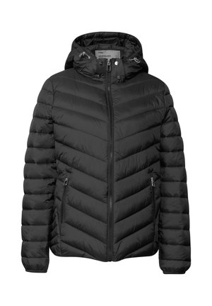 Giubbotto imbottito nero con chiusura a zip, colletto rialzato e motivo a rombi. Include due tasche laterali e cappuccio regolabile.