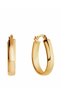 Złote kolczyki w kształcie obręczy z gładkim, polerowanym wykończeniem, o eleganckim designie i zakrzywionym kształcie. Mechanizm zapięcia widoczny na jednym z kolczyków.