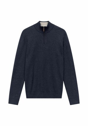 Pull-over marine avec un col à demi-zip, des poignets et un ourlet côtelés. Fabriqué en tissu doux avec une texture lisse. Présente un logo discret sur la poitrine.
