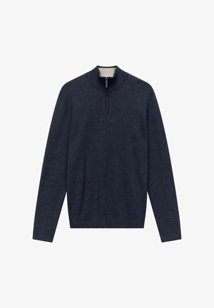 Marineblå pullovertrøje med lynlås i kraven, ribbede manchetter og bund. Lavet af blødt stof med en glat tekstur. Har et diskret logo på brystet.