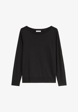 Černý svetr s dlouhým rukávem a širokým výstřihem, vyrobený z měkkého materiálu. Má volný střih a pružné lemy a manžety. Jednoduchý design.