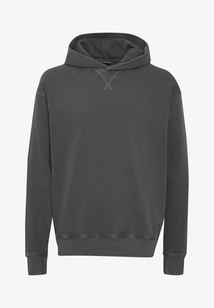 Karbonsvart hettegenser laget av en myk bomullsblanding, med kengurulomme, ribbede mansjetter og en avslappet passform. Diskret kryssstingdetaljering ved halsen.