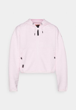Light pink cropped hoodie with textured fabric, a front zipper, two zippered pockets, and adjustable drawstrings on the hood.