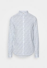 Camicia bianca con un motivo floreale blu, maniche lunghe, colletto a bottoni e orlo curvo. Realizzata in un tessuto leggero.
