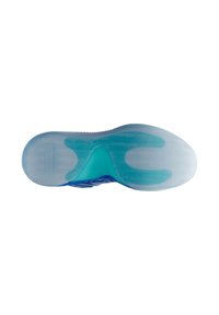 Suola di scarpa sportiva blu con battistrada in gomma testurizzata e sezione intermedia traslucida con accento di colore acquamarina.