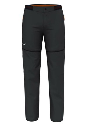Pantalones de senderismo convertibles negros con piernas extraíbles con cremallera, bolsillos con cremallera, cierre con botón y pequeño logo blanco en el muslo izquierdo.