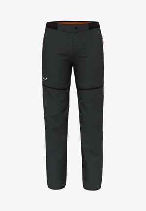 Pantalones de senderismo convertibles negros con piernas extraíbles con cremallera, bolsillos con cremallera, cierre con botón y pequeño logo blanco en el muslo izquierdo.