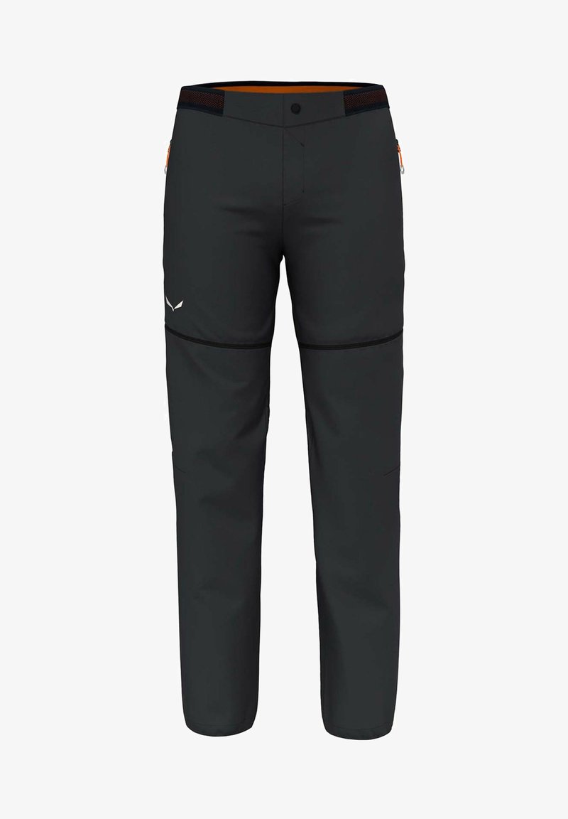 Pantalon de randonnée convertible noir avec jambes amovibles zippées, poches zippées, fermeture par bouton et petit logo blanc sur la cuisse gauche.