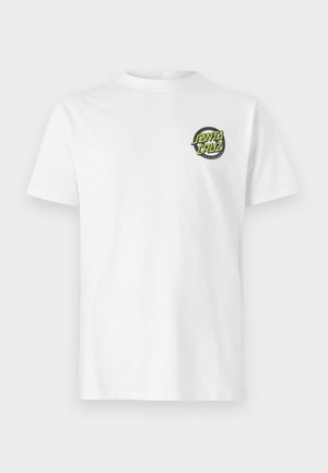 White cotton T-shirt featuring a circular black and green graphic logo on the left chest area. Short sleeves, standard fit.