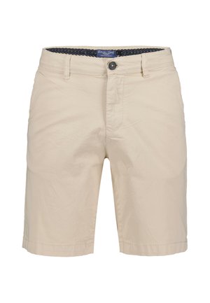 Beige knielange shorts met knoop- en ritssluiting, ceintuurlussen en voorszakken.