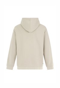 Beige hoodie met een zachte textuur, lange mouwen en een geribbelde zoom. Eenvoudig ontwerp, geen zichtbare accenten of patronen.