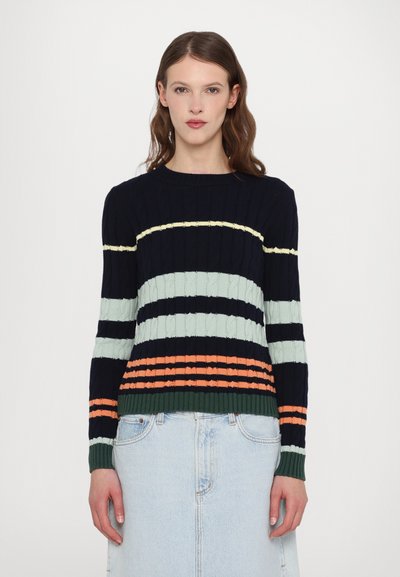 Navy striped sweater featuring cable knit texture, vibrant horizontal stripes in light blue, orange, and green, with long sleeves and a round neckline.