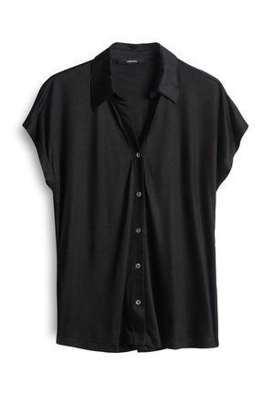 Camicia nera a maniche corte con bottoni e colletto, realizzata in tessuto liscio con una vestibilità rilassata e una leggera lucentezza. Chiusura con cinque bottoni.
