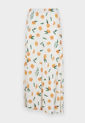 White skirt featuring a scattered pattern of orange slices, whole oranges, and green leaves. Fabric appears smooth with a flowing design.