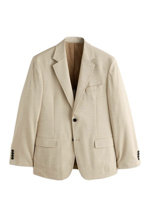 Beige men's blazer with notch lapels, two front flap pockets, one chest pocket, and two black buttons on each cuff.