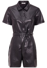 Black faux leather short jumpsuit featuring a collared neckline, short sleeves, front button closure, waist tie, and side pockets.