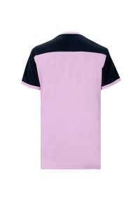 Rosa og sort kortærmet T-shirt. Ensfarvet rosa krop med sorte ærmer og ryg, der har en kontrastkrave og minimale syningsdetaljer.