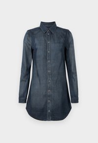 Πουκάμισο από denim, σκούρο μπλε με καρό σχέδιο, μακριά μανίκια, εμπρός με κουμπιά και κλασικό γιακά. Ελαφρώς στρογγυλεμένη τελείωμα.